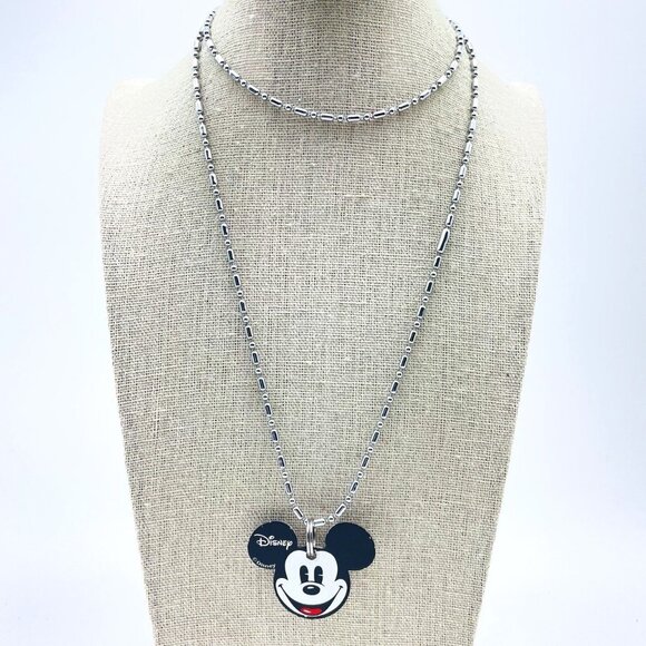 Disney Mickey Mouse Pendant Necklace Silver Tone Chain Signed Engraved Grace - Picture 1 of 9